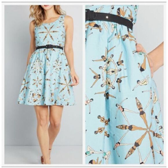 Modcloth x DupENNY Blue Synchronized Swimming Sleeveless Dress Size Small - Picture 1 of 6